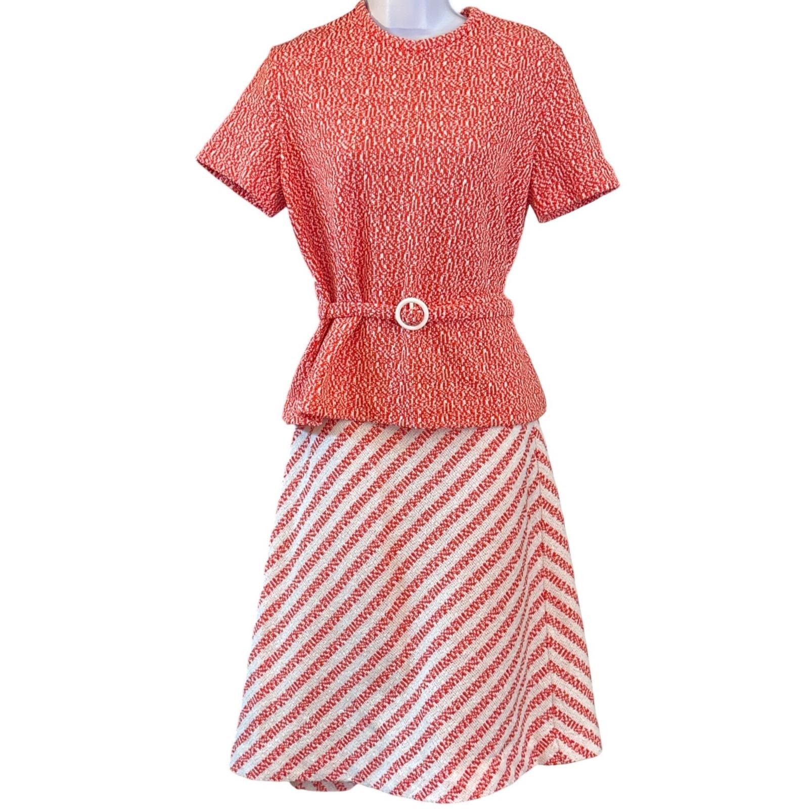 Vintage 60s Verona Knit Mod Dress Red White Boucle Belted Jackie O Style Chic