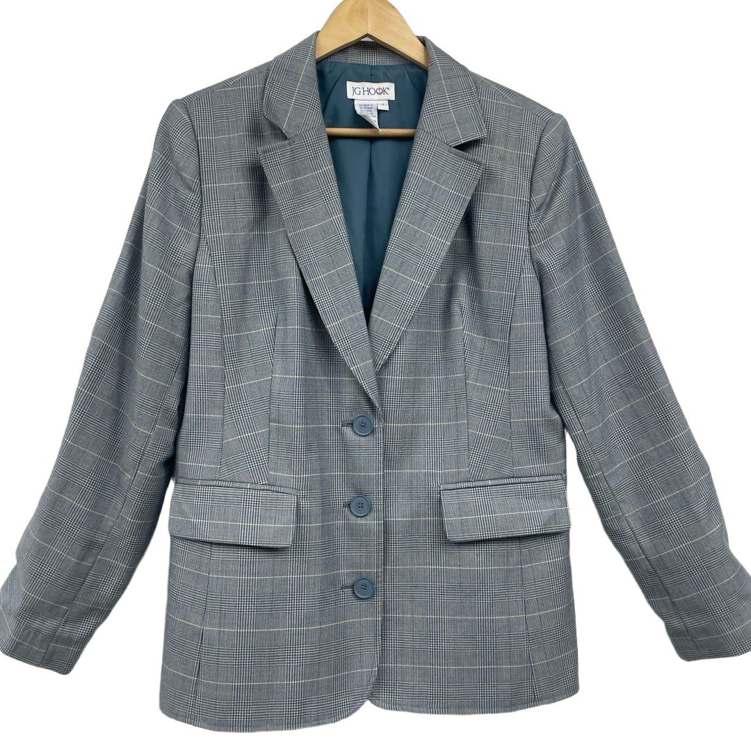 JG Hook Blue Plaid Notch Lapel Button Double Flap Pocket Vintage Blazer Size 14