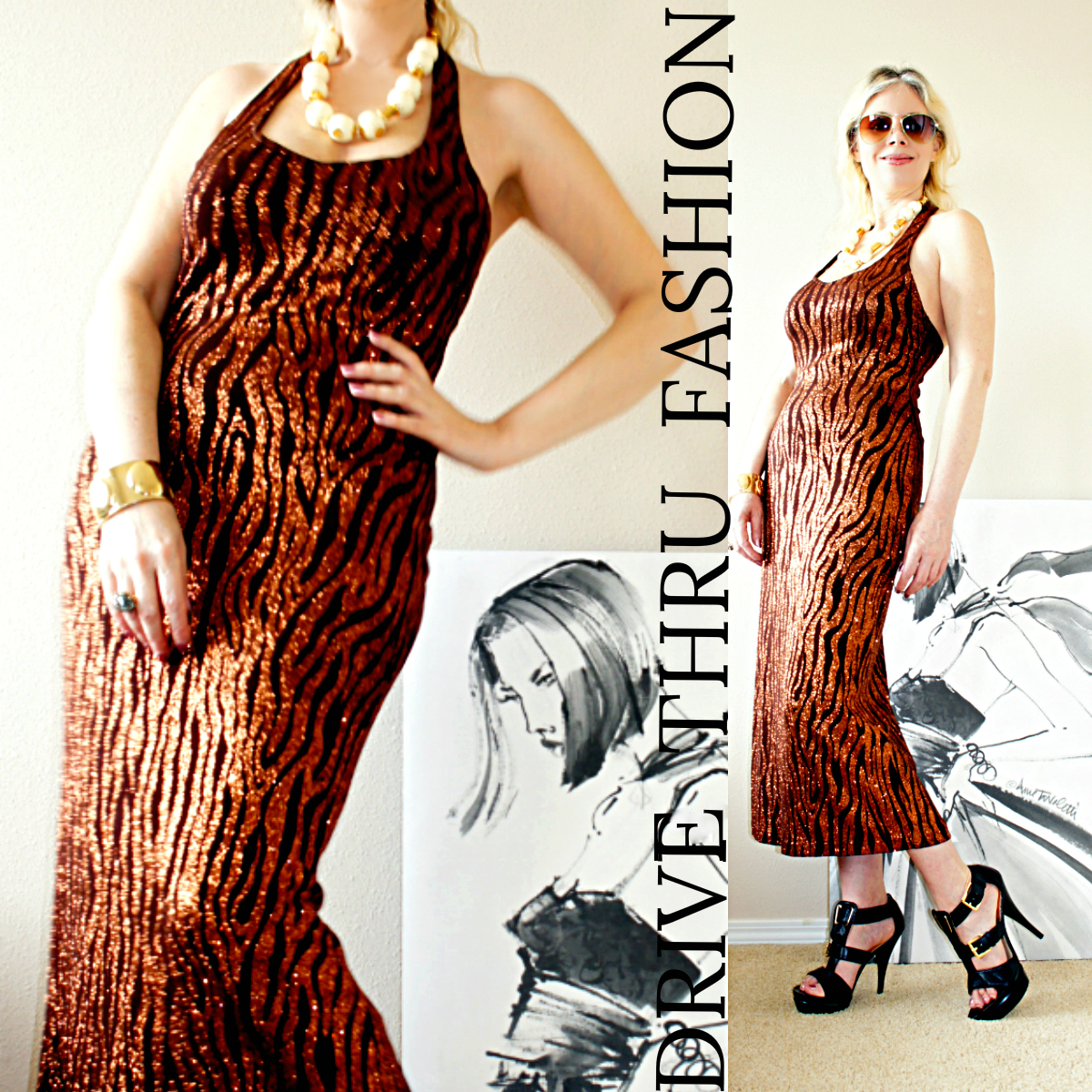 Vtg 90 METALLIC Brocade Animal Stripes Evening Cocktail Wedding MAXI Dress Gown