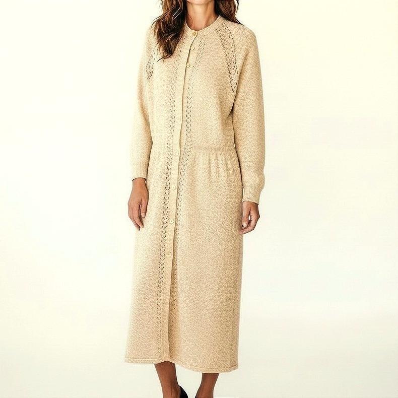 Vintage Handmade Pointelle Knit Cardigan Dress Oatmeal Beige Longline Midi XL