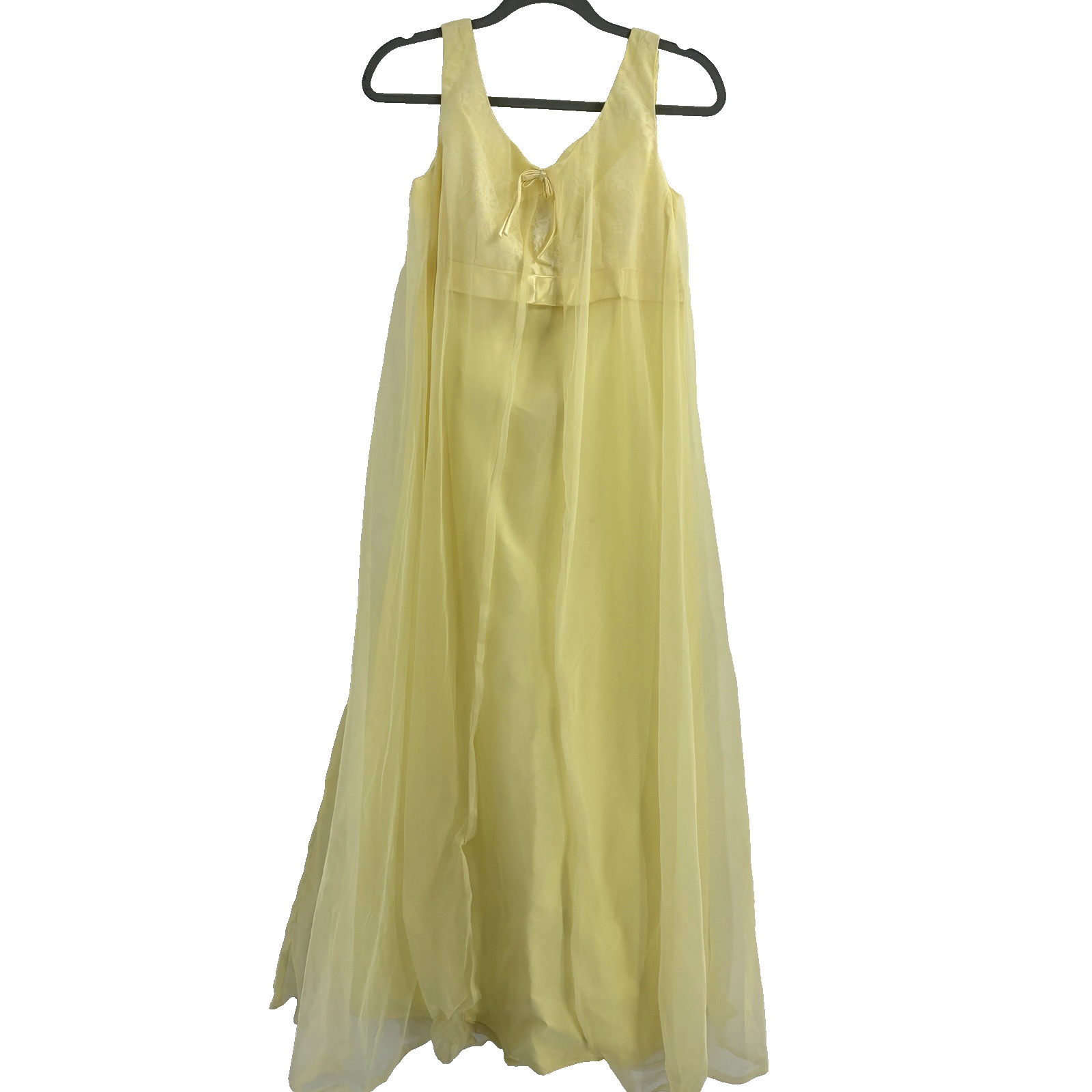 Vtg Chiffon Hostess Gown Empire Waist Lace Bodice Maxi Dress S Yellow Overlay
