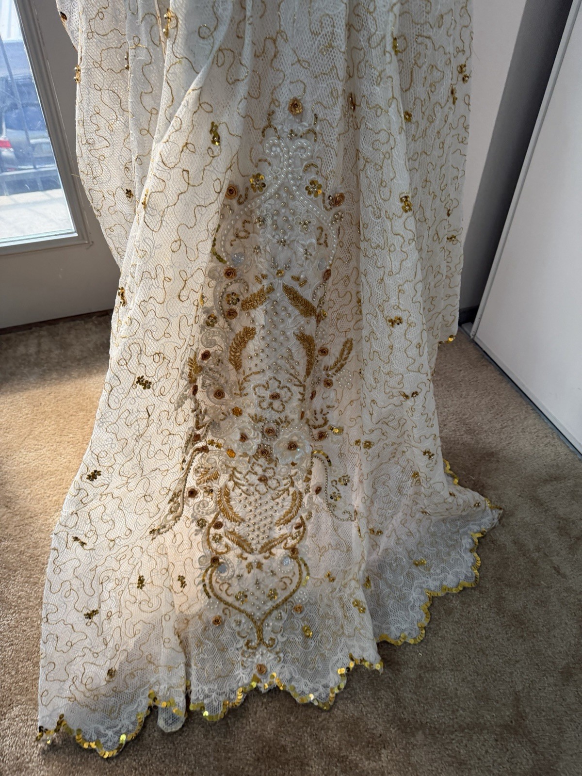 Vintage Ivory Gold Beaded Dress XS Formal Handmade Embellished Gow