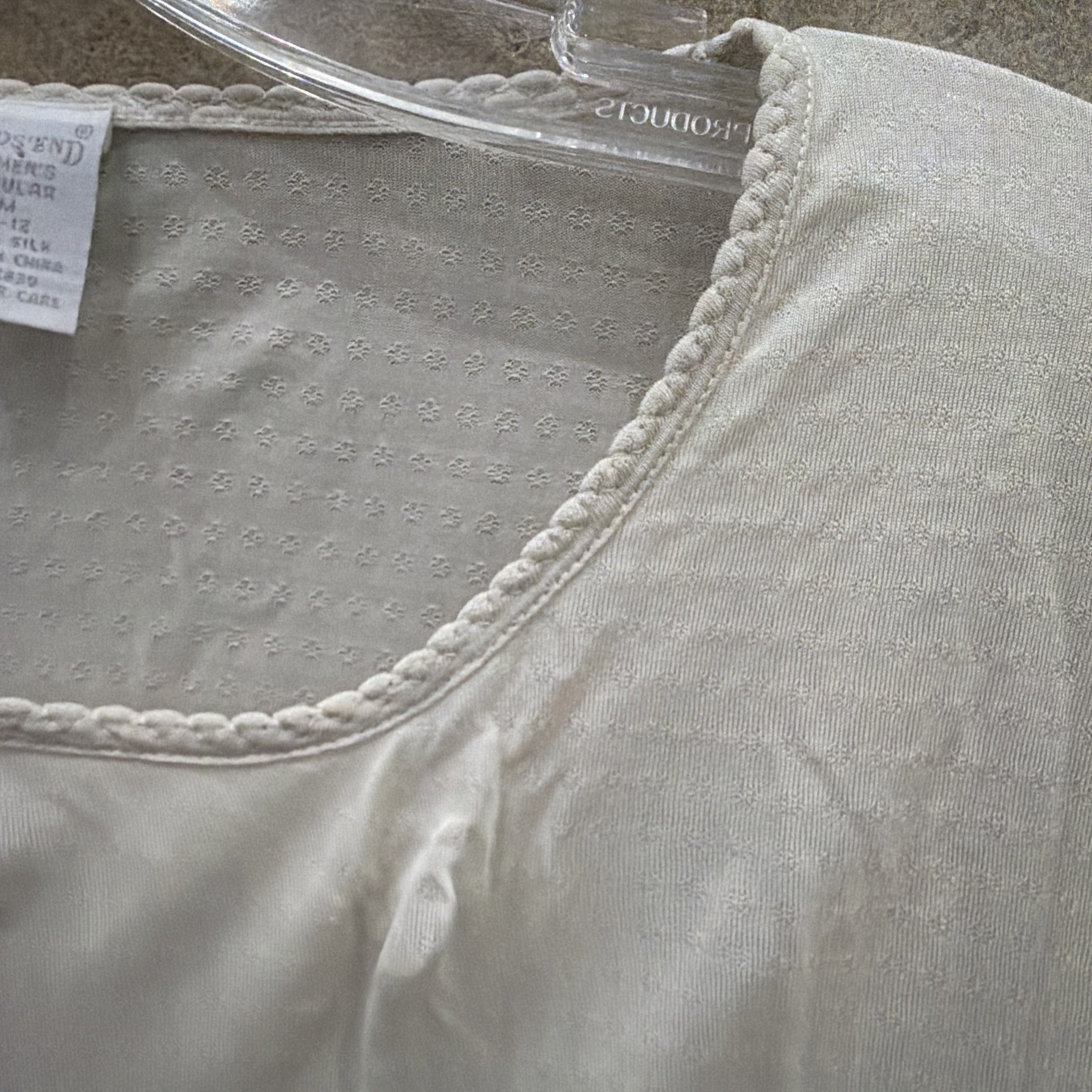 Vintage 80s Lands End 100% SILK Pattern Sheer Top Undershirt Blouse White M10-12