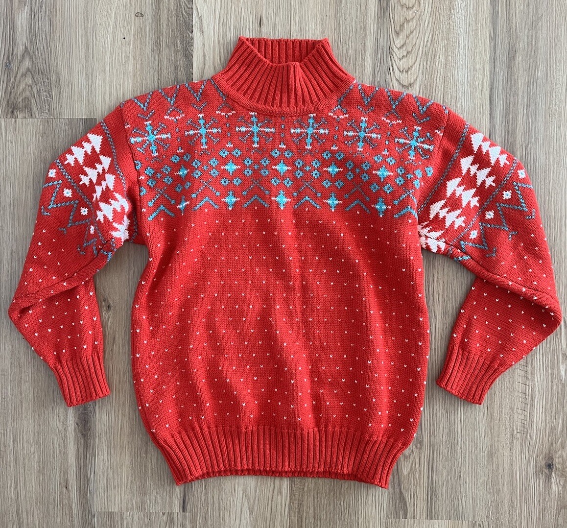 Vintage Summit County Acrylic Wool Cable Knit Red Teal Pullover Holiday Sweater