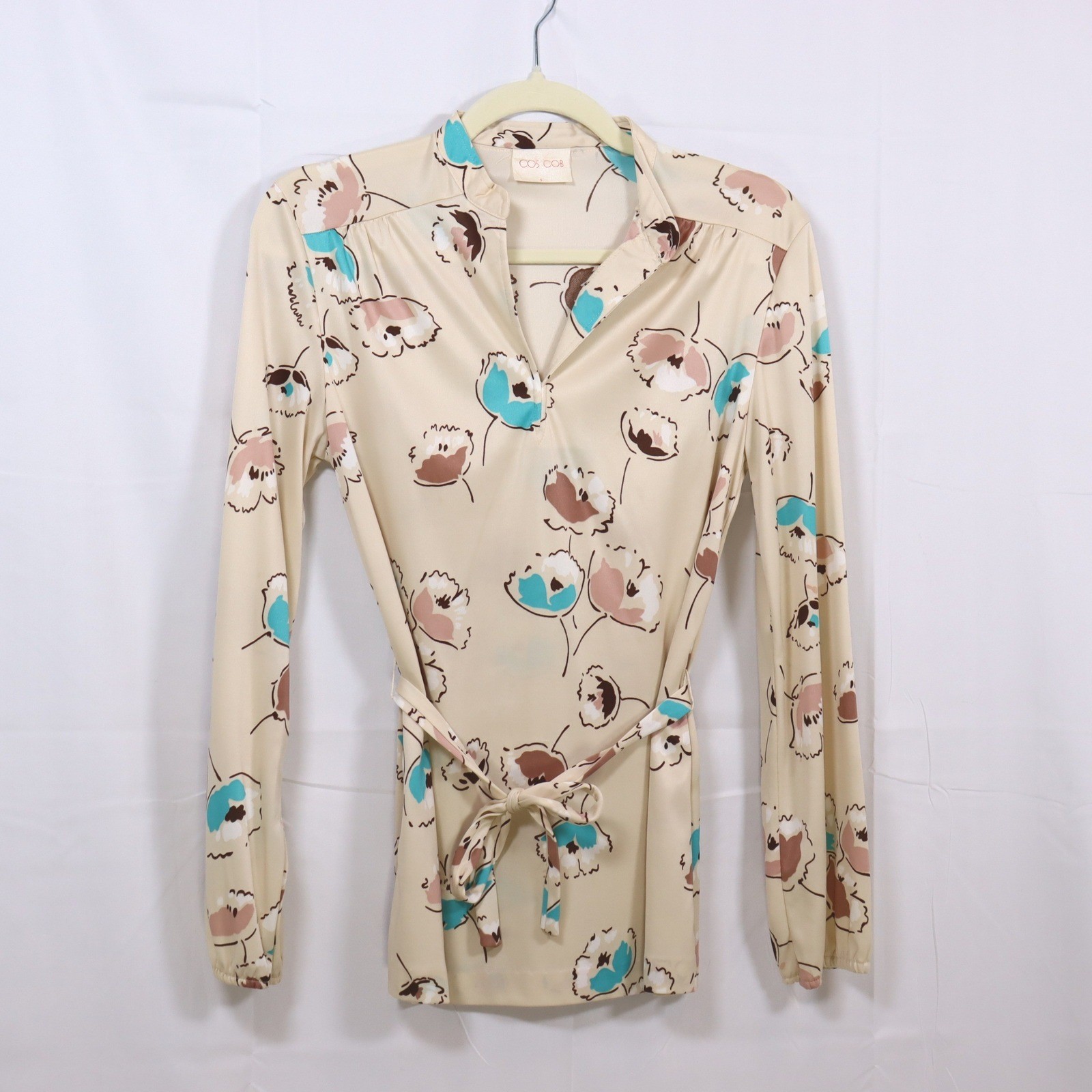 Cos Cob Blouse S Tan Womens Floral V-Neck Belted Vintage Top