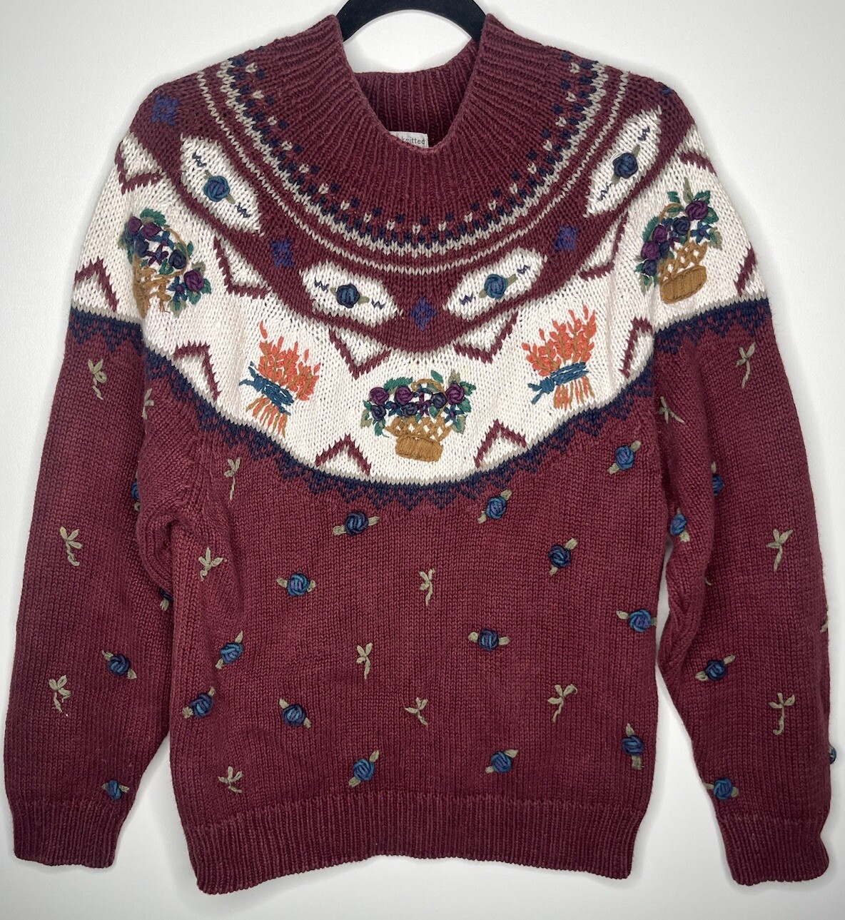 Van Heusen Hand Knitted For Her Floral Sweater Burgundy Size Small Vintage