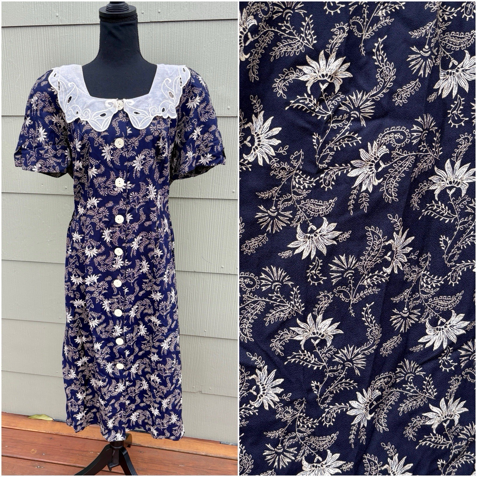 vtg Karon Crosby 80s Western Prairie Floral Lace Bib Button Down Peasant Dress