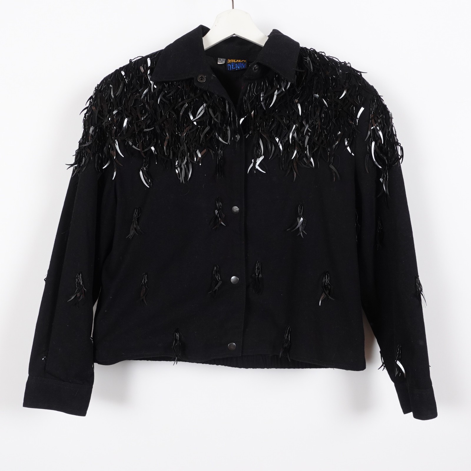 Vintage Modi Denim Feather Sequin Jacket Women Size Large Black Beaded Fringe