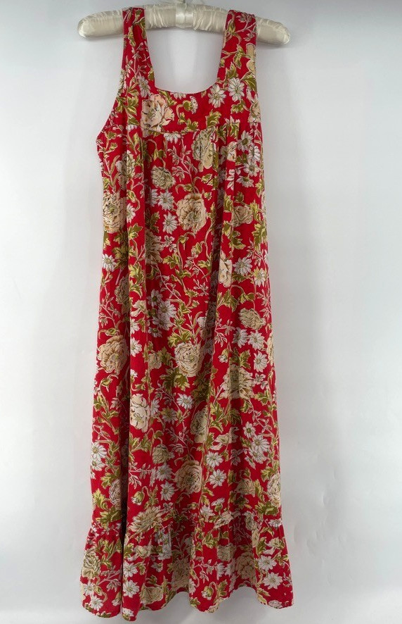 Vtg Nightgown XL Red Floral Cottage Victorian Edwardian Coquette Grandma Crochet