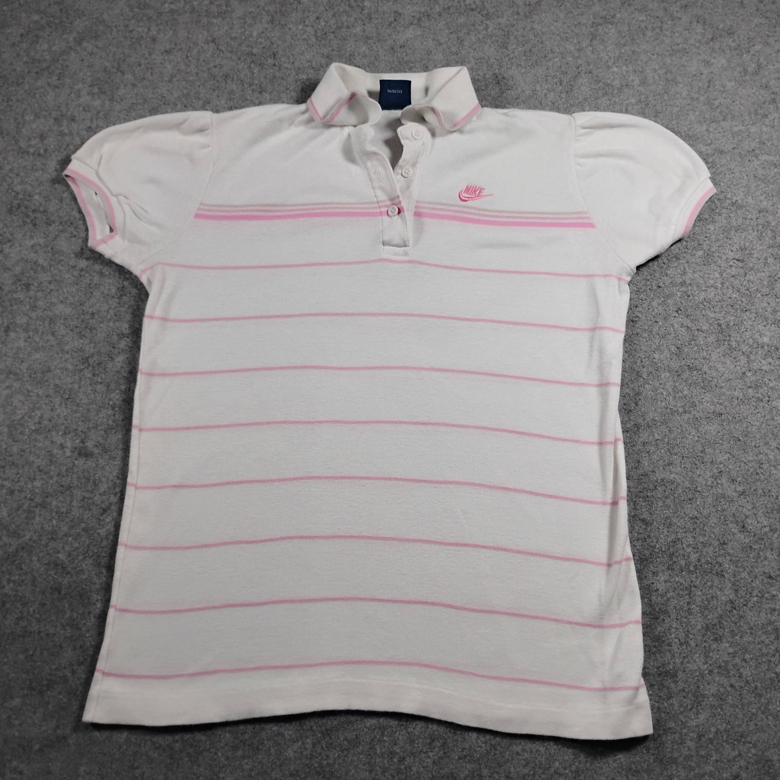 Vintage Nike Polo Shirt Women Large White Pink Striped Short Puff Sleeve 80s USA