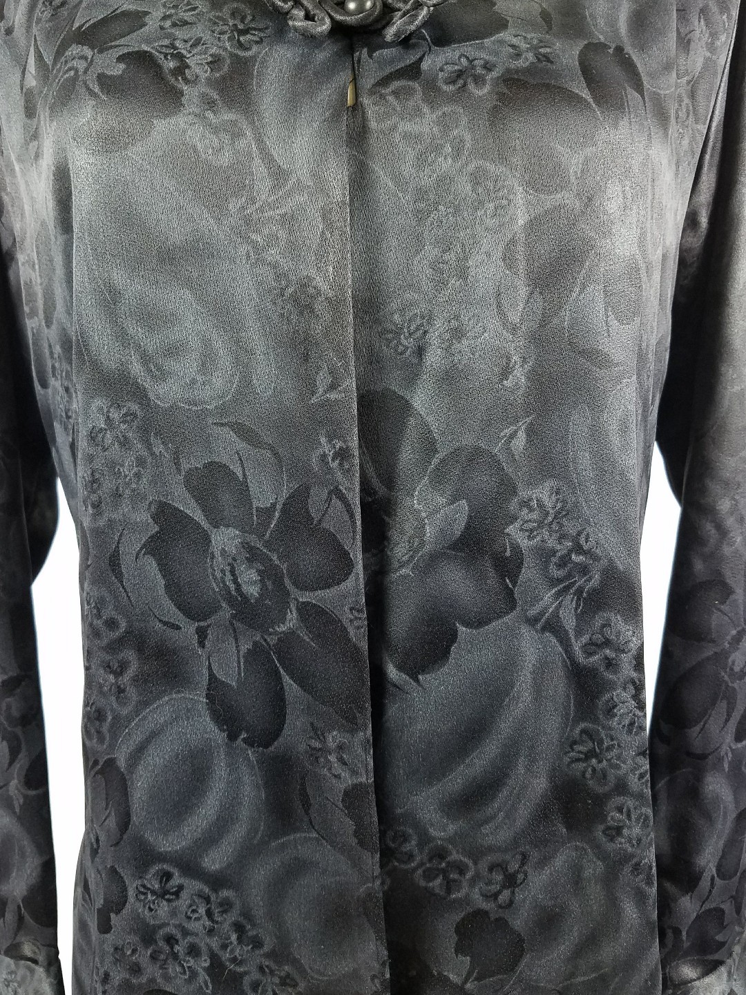 Vintage Alice Stuart Jonathan Logan Shirt Asian Black Satin Floral Frog Clasp