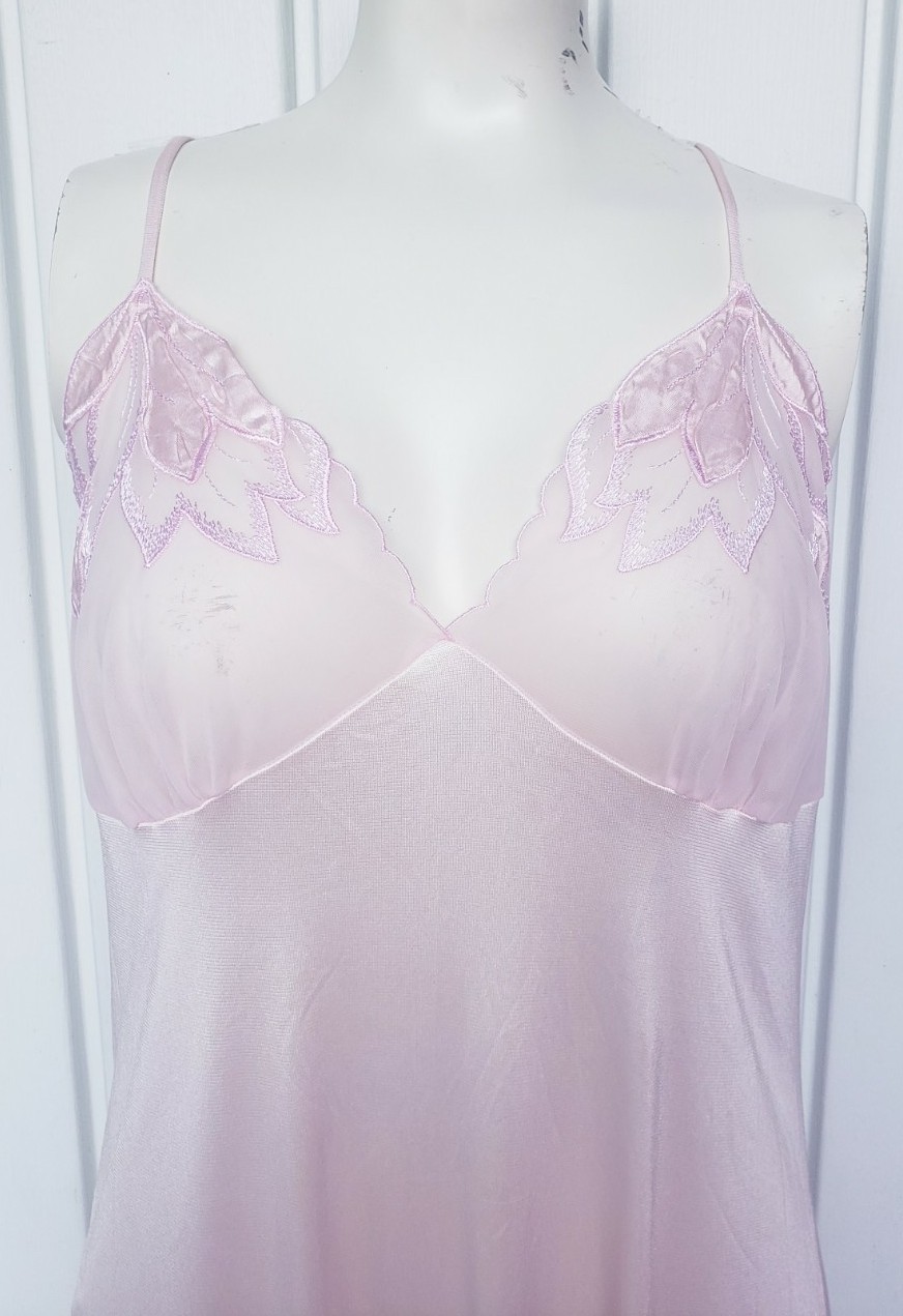Vintage ValMode Pink Floral Chiffon Embroidered Nightgown Size Large Fairy Fem