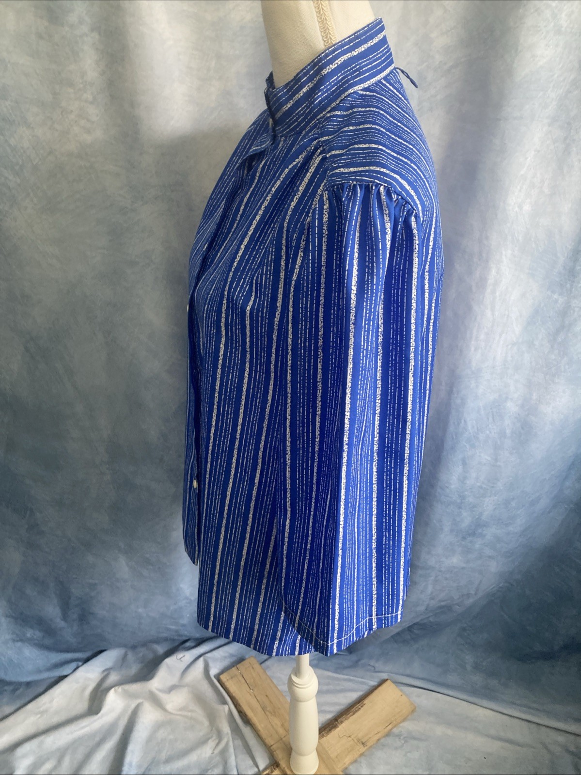 Vtg 70s rrrrruss Russ Togs Sz 14 Blue White Striped Puff Sleeve Blouse ILGWU EUC