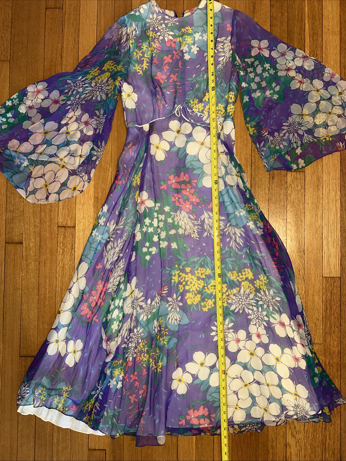 Vintage 60s 70s Parues Feinstein Flowy Flower Purple Long Dress Floral Sheer
