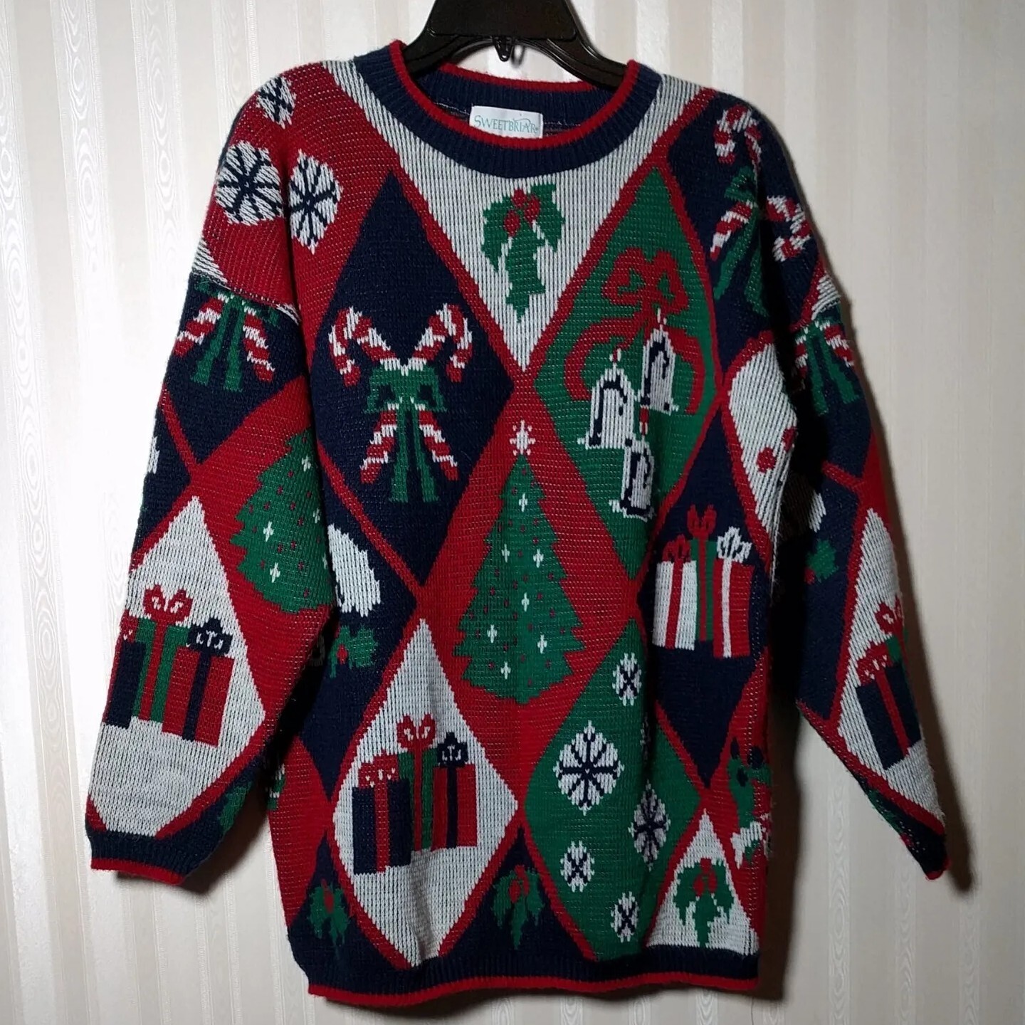 Vintage Ugly Christmas Sweater Sweetbriar Red Green Argyle Size M Crewneck USA