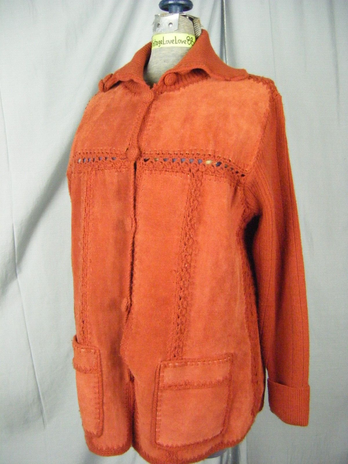 Vtg 70s Made in Korea Brown Suede Patched Acrylic Knit Sweater-Bust 41/S-M