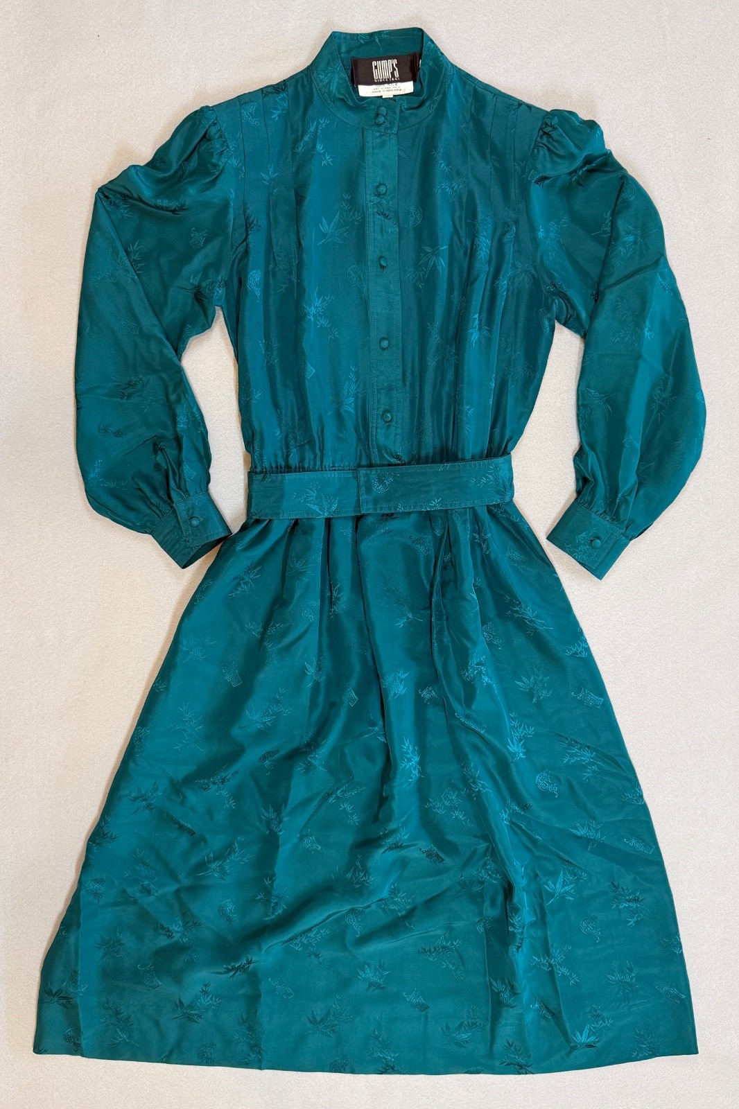 Vintage 80’s Gump’s San Francisco Dress, 100% silk, Jade Green, Asian Theme Sz 8