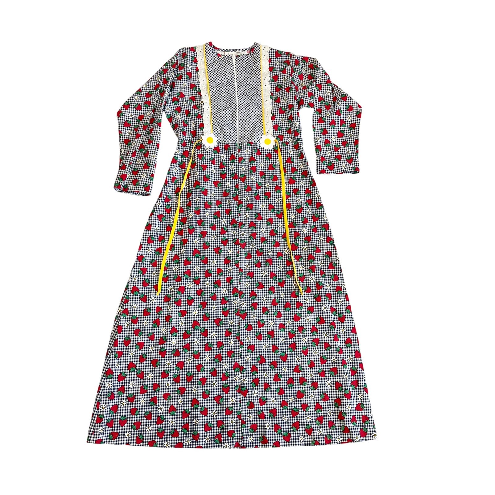 Vintage 70s Pemo Strawberry Gingham Prairie Maxi Dress Daisy Zip Front Size 18
