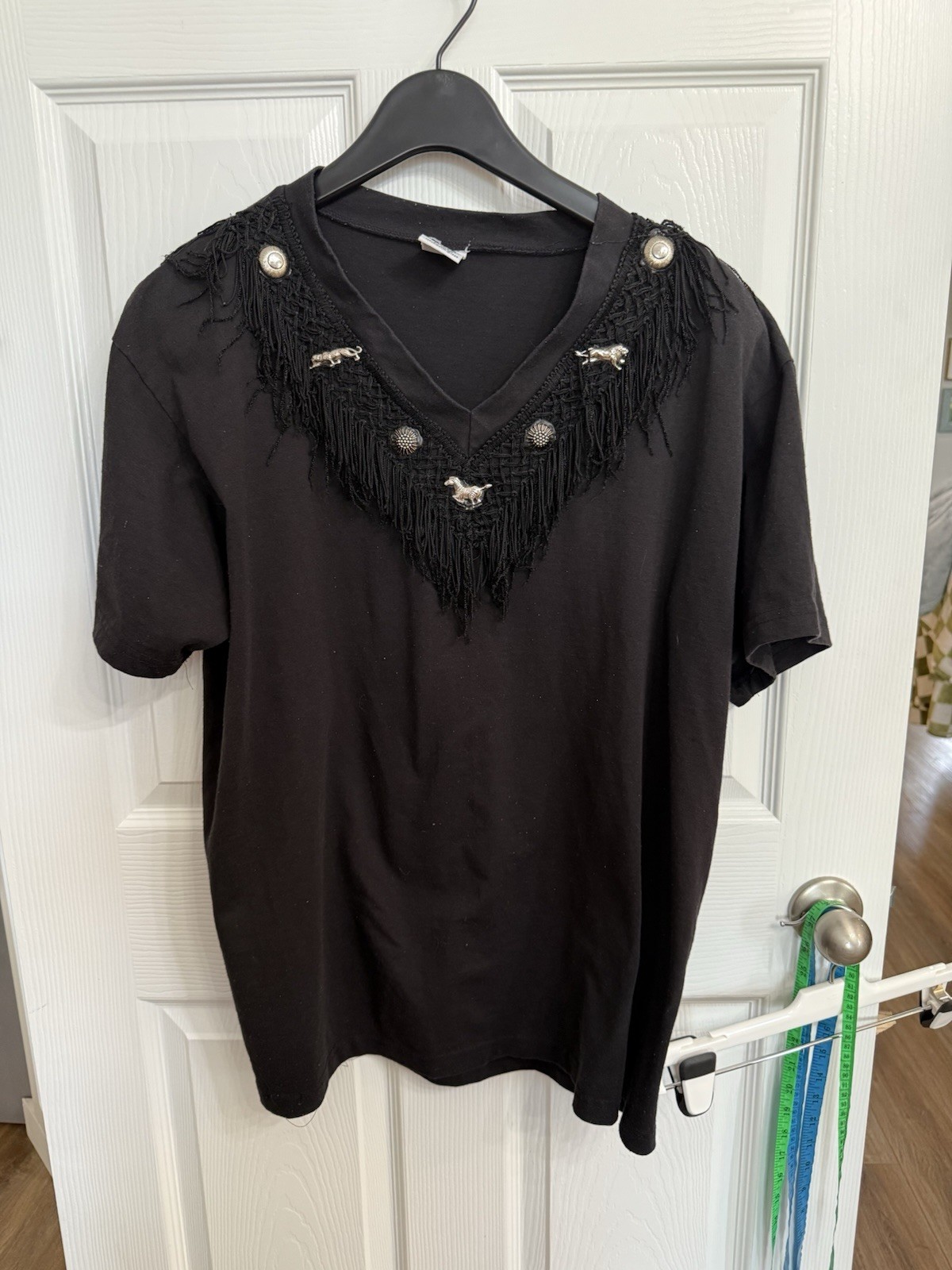 Vintage Cesucci Western Fringe Top Black Horse Concho Shoulder Pads USA L Grunge