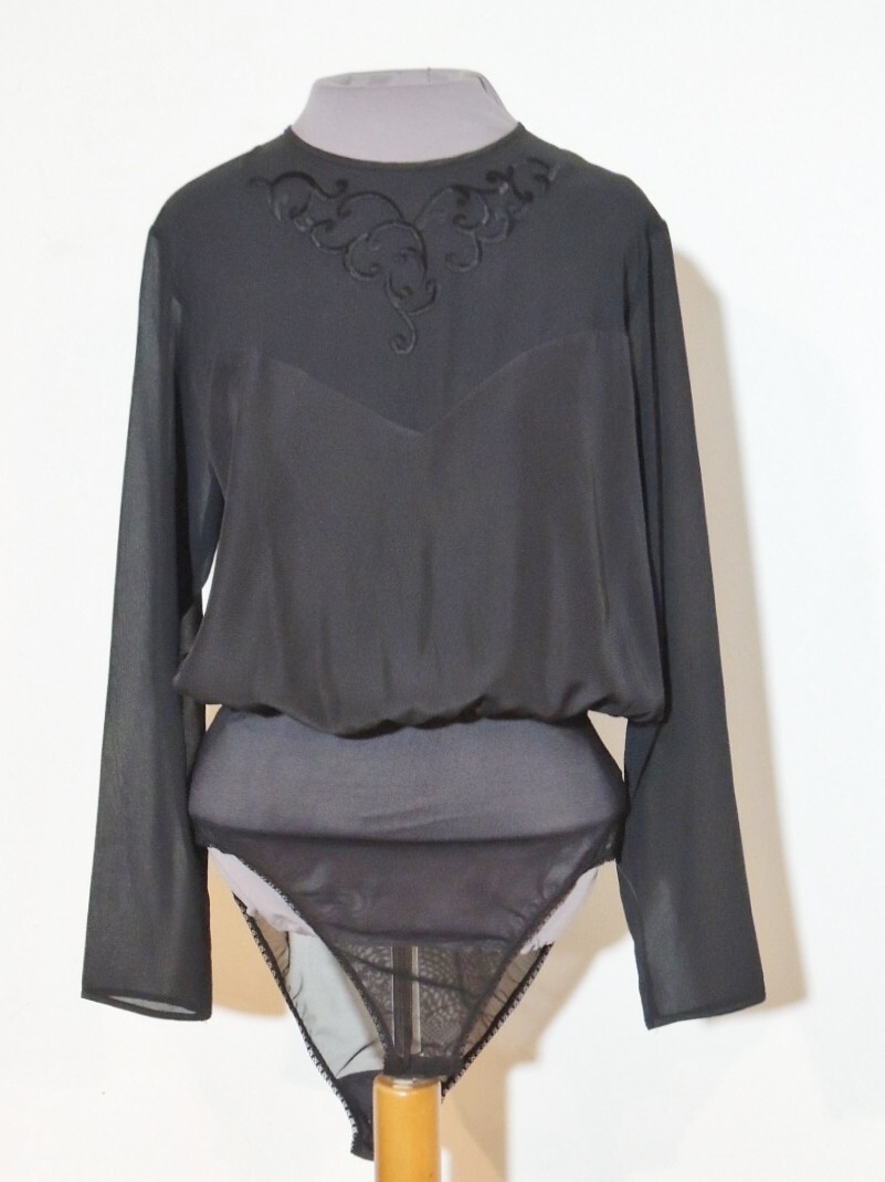 Natori Black Silky Body Suit / Blouse w Embroidery sz MED