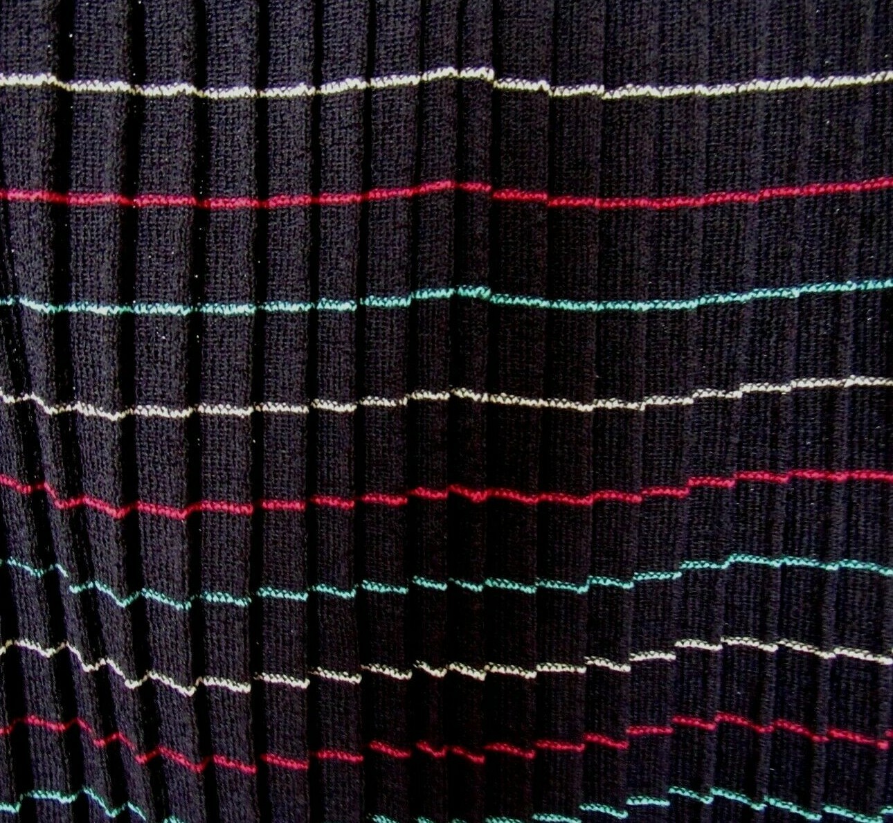 Vintage 1970s Dacron Polyester Knit Pleated Skirt 14 Black w/ Multi-Color Stripe