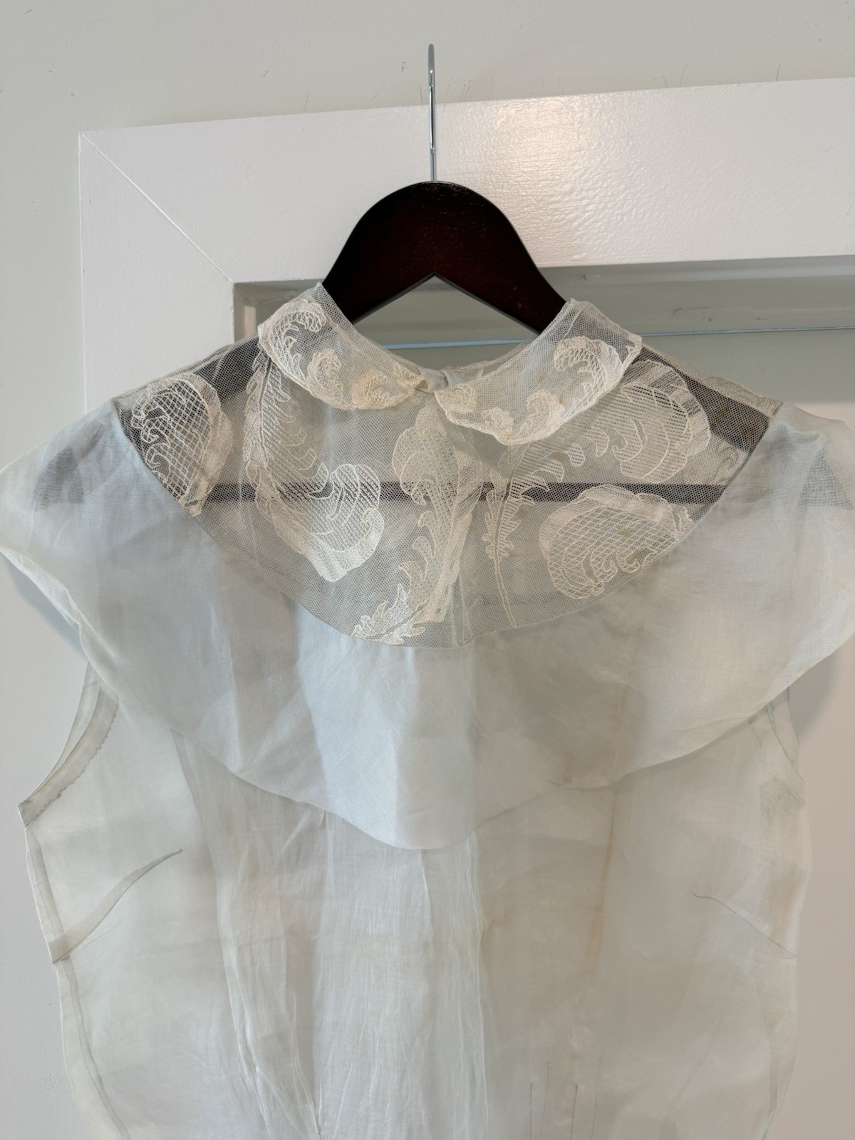 Vintage 1930s Sheer Blue Organdy Blouse Embroidered Lace Ruffle Collar Art Deco