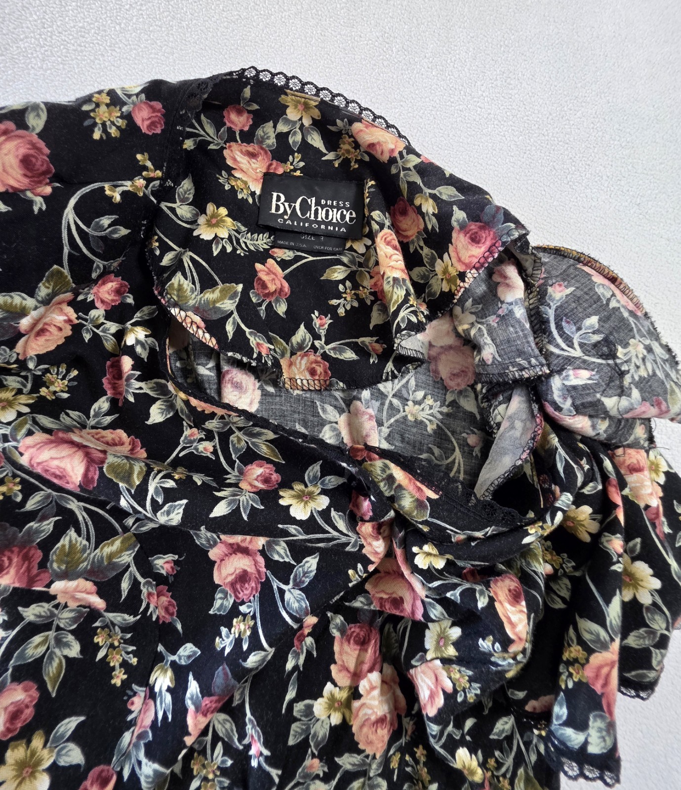Size XS- Vintage 90s By Choice California Floral Rayon Dress Black Rose Mini