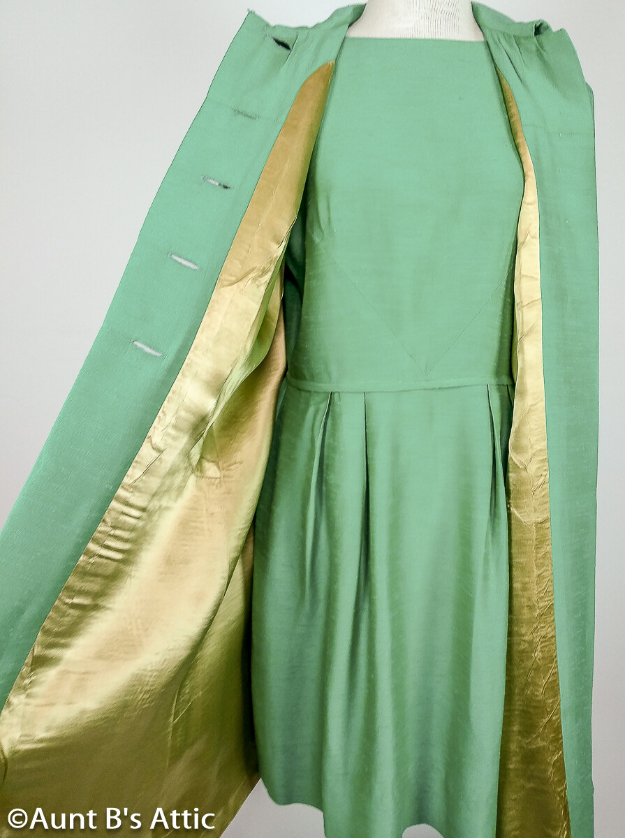 Vintage 60’s Spring Handmade Matching Gr Sleeveless Dress & 5 Button Coat M/L