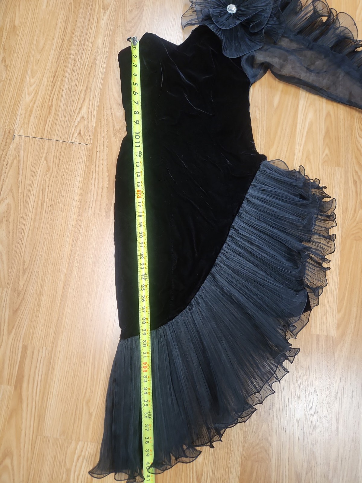 Vintage Karen Okada Climax Asymmetrical Sheer Ruffle Sleeve Dress Black Velvet 8