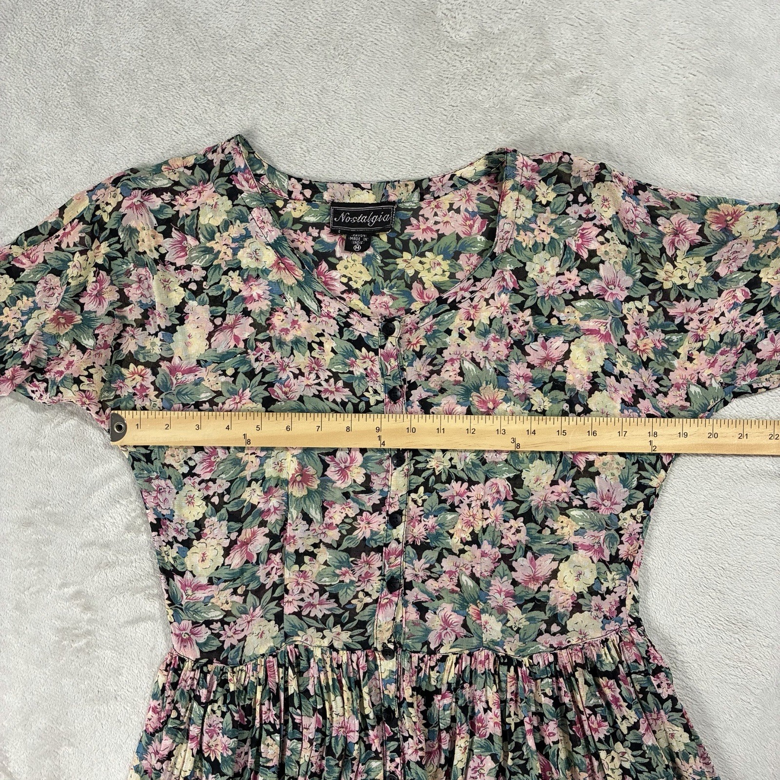 VTG 90s Nostalgia Sheer Floral Short Sleeve Button Up Maxi Dress Womens M Grunge
