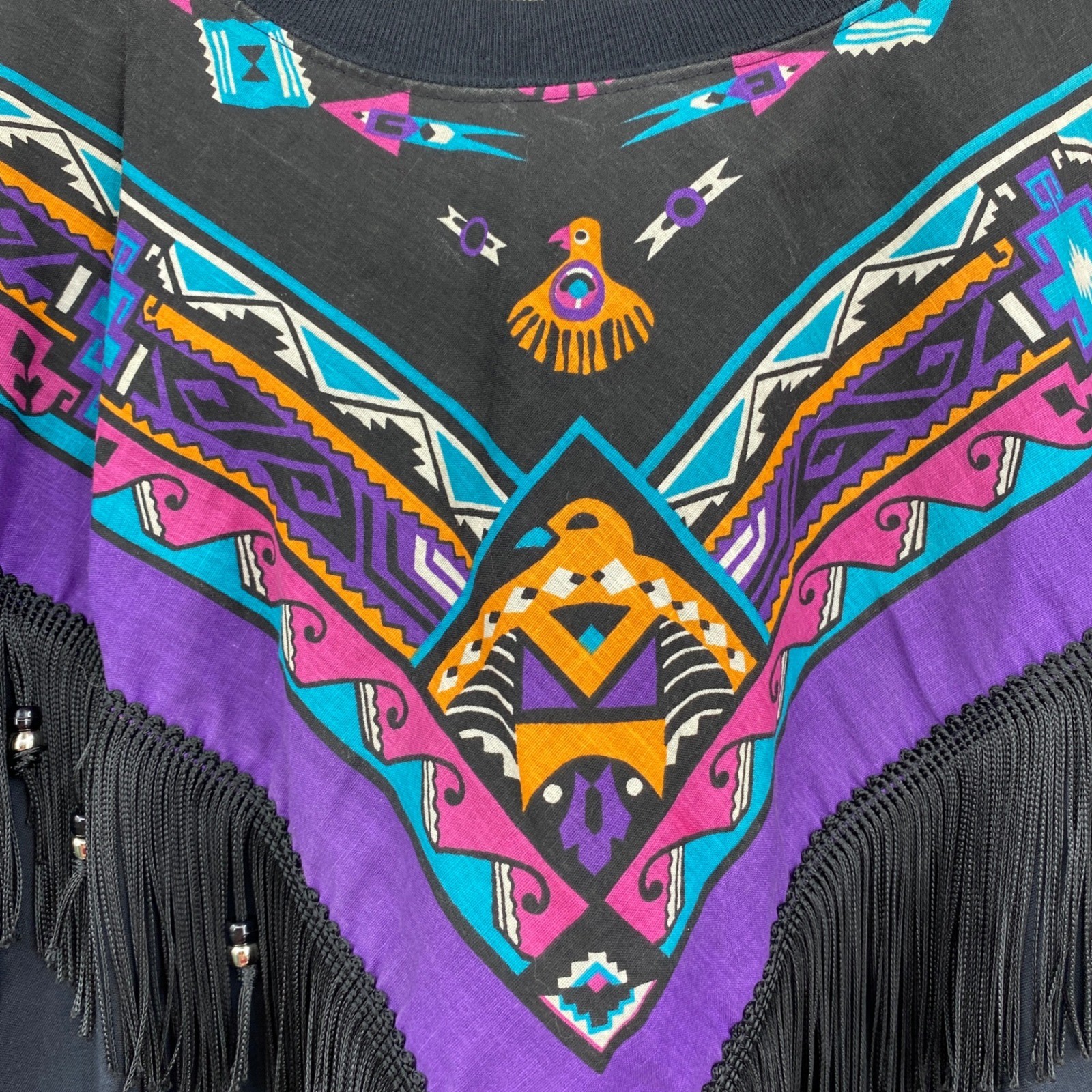 Vtg Hazelwood Southwestern Fringe Shirt Womens Large Bead USA Black Thunderbird