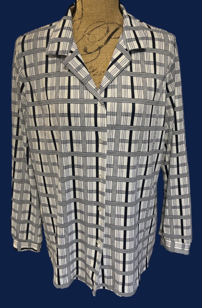 Vtg Mr Alex Blouse Alex Coleman Women’s XL? White Blue Geometric Mod Groovy 70s