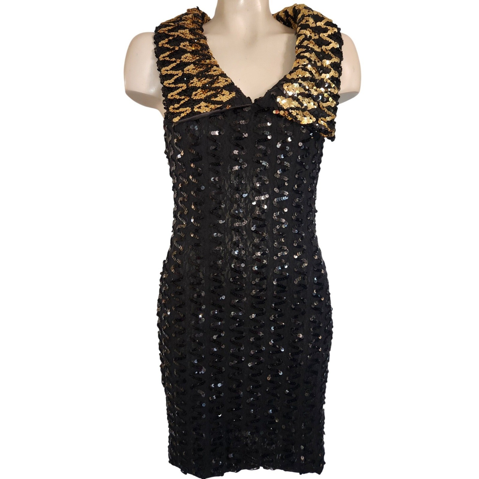 A La Carte California Vintage Sequin Cocktail Dress Black Gold Size 9/10 9917
