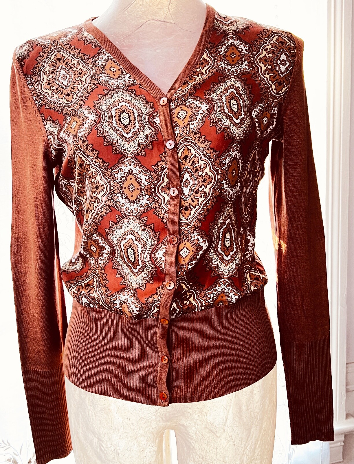 Vintage Fine Silk Cardigan Sweater with Silk Insets “Belford” Size S ZZ063