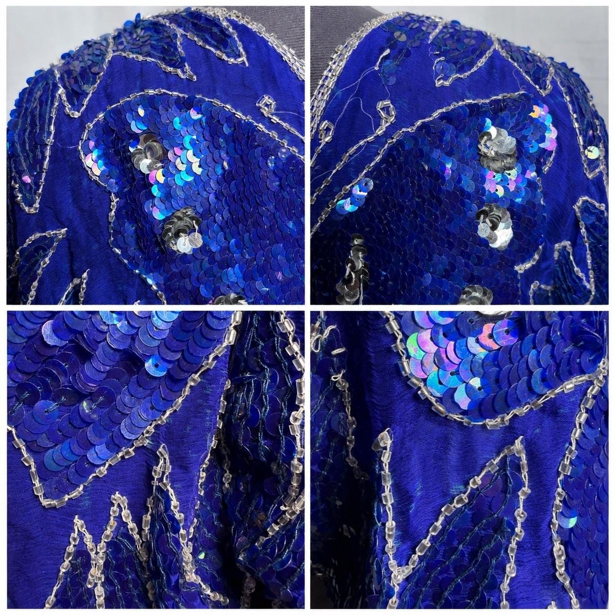 Vtg 70s Blue Butterfly Sequin Beaded Silk Top Disco Party Blouse B40 W30 S DMG