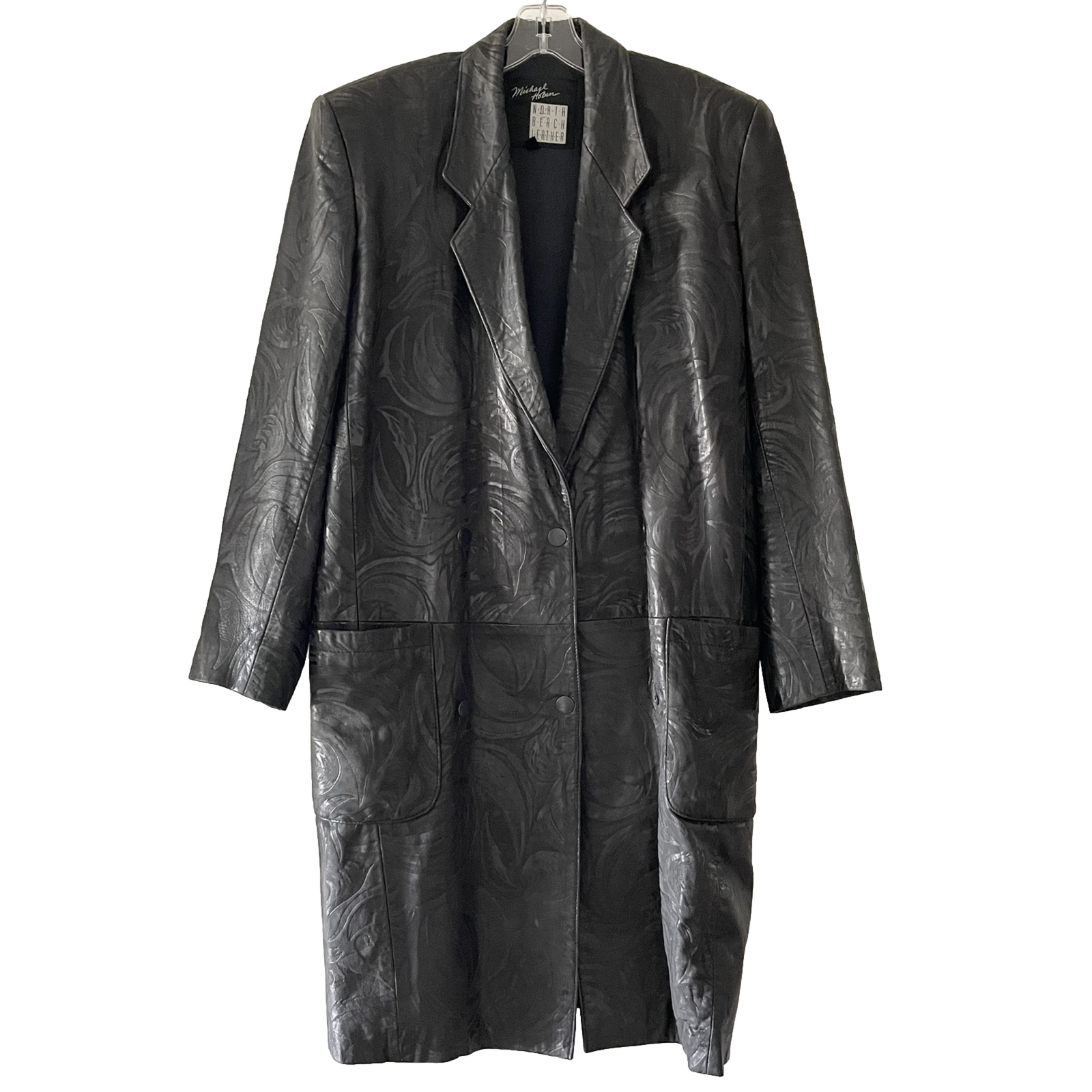 Vtg Michael Hoban North Beach Black Leather Long Coat W/ Embossed Pattern Sz 7/8