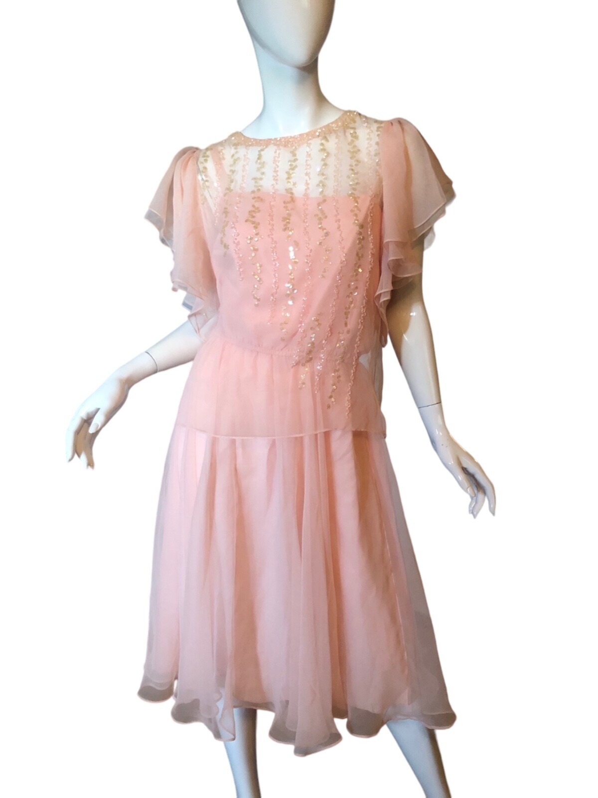 Vtg 70s 80s JACK BRYAN Dress Set 14 M Pink RUFFLE Beaded SEQUIN CHIFFON COQUETTE