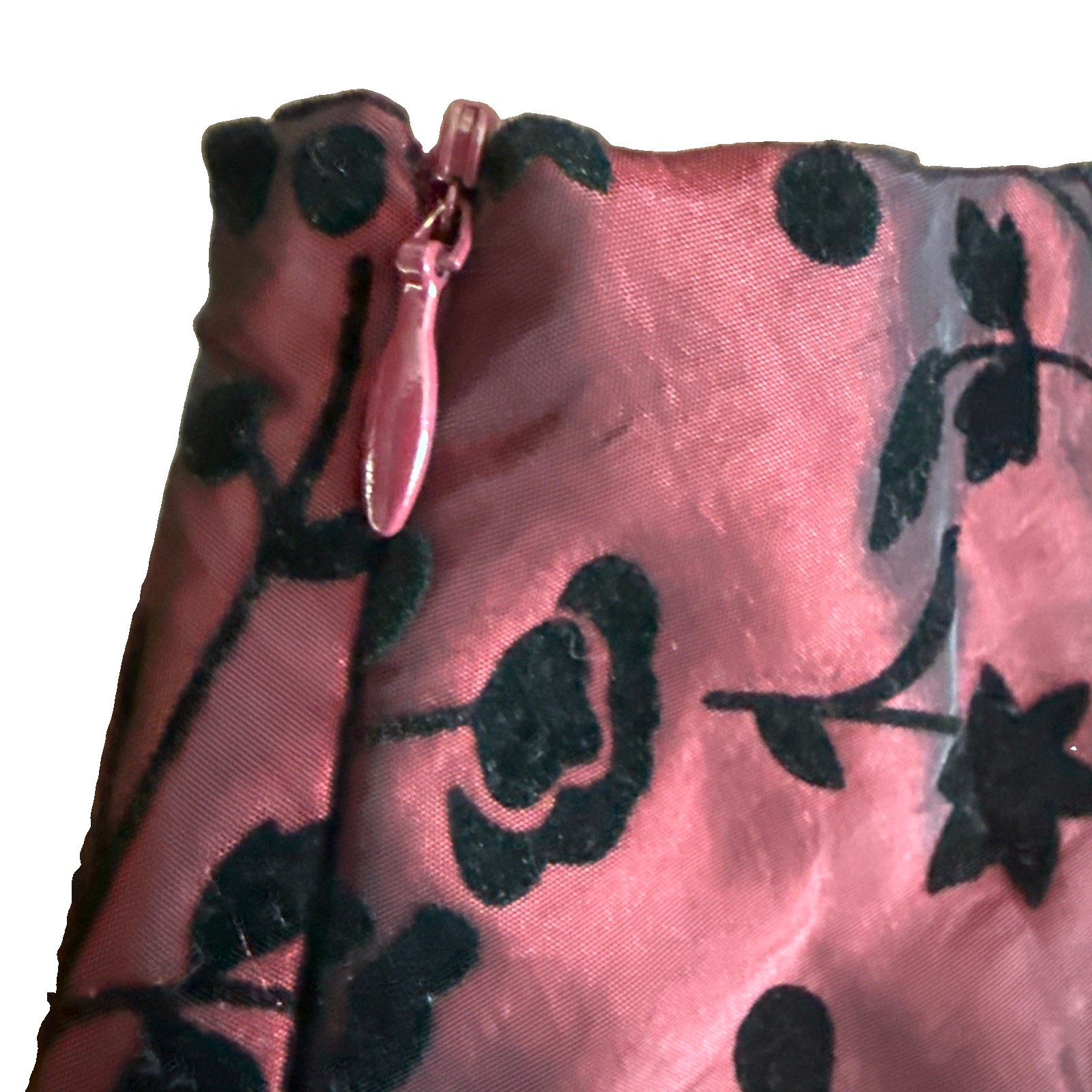 Vtg BFA Classics Crimson Red Taffeta & Black Burnout Floral/Vine Pattern Skirt