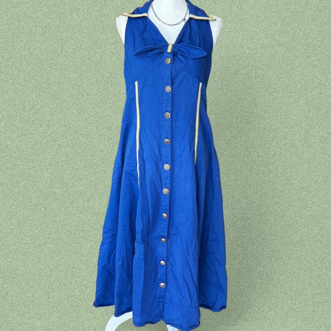 Vintage PC Collections Ginger Bort Blue Gold Trim Button-Down Dress