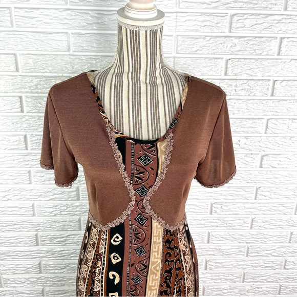 Vintage Parahero Patterned Striped Maxi Dress Brown Black Cream Size Small