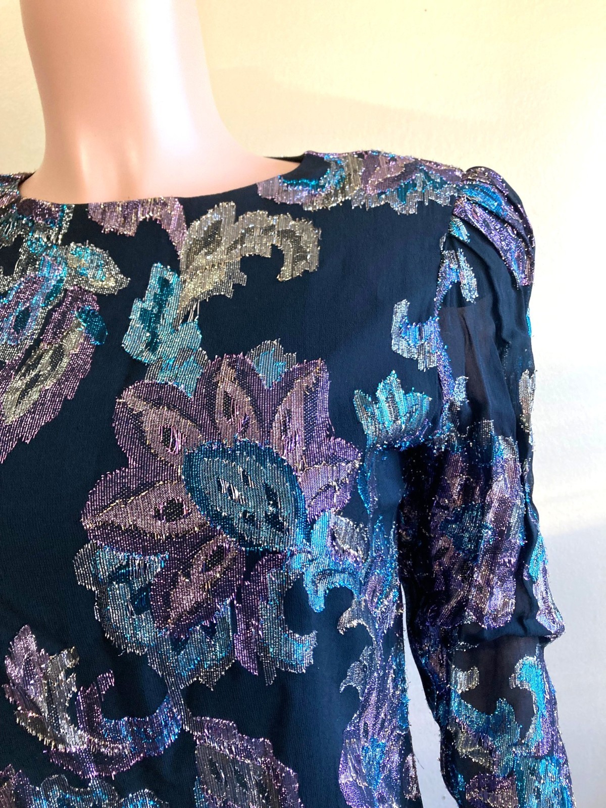 Vintage 80s Retro Flapper Midi Dress M Ursula Switzerland Iridescent Lurex Black