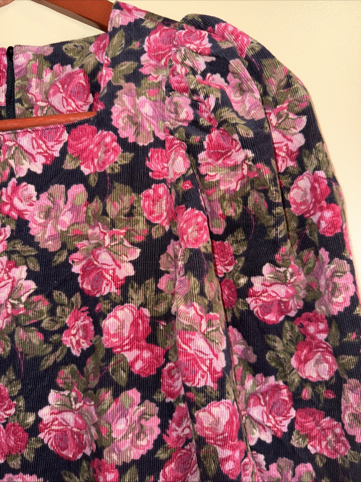 Vtg 80’s Laura Ashley Corduroy Pink Roses Dress Sz 6 Long Puff Sleeves Prairie
