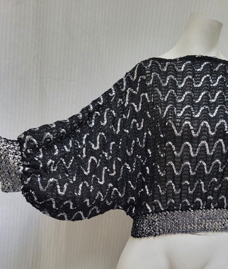 Vintage 1970s Black Silver Sequin Semi Sheer Balloon Sleeve Top – Size S/M