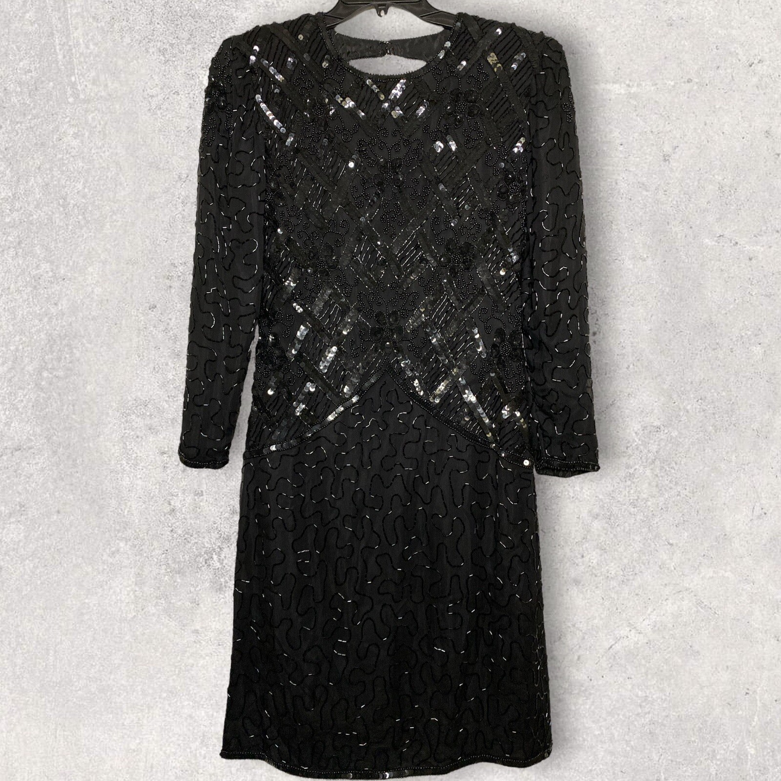 Vintage Sweelo Black Beaded Long Sleeve 100% Silk Dress Evening Gown Size Small