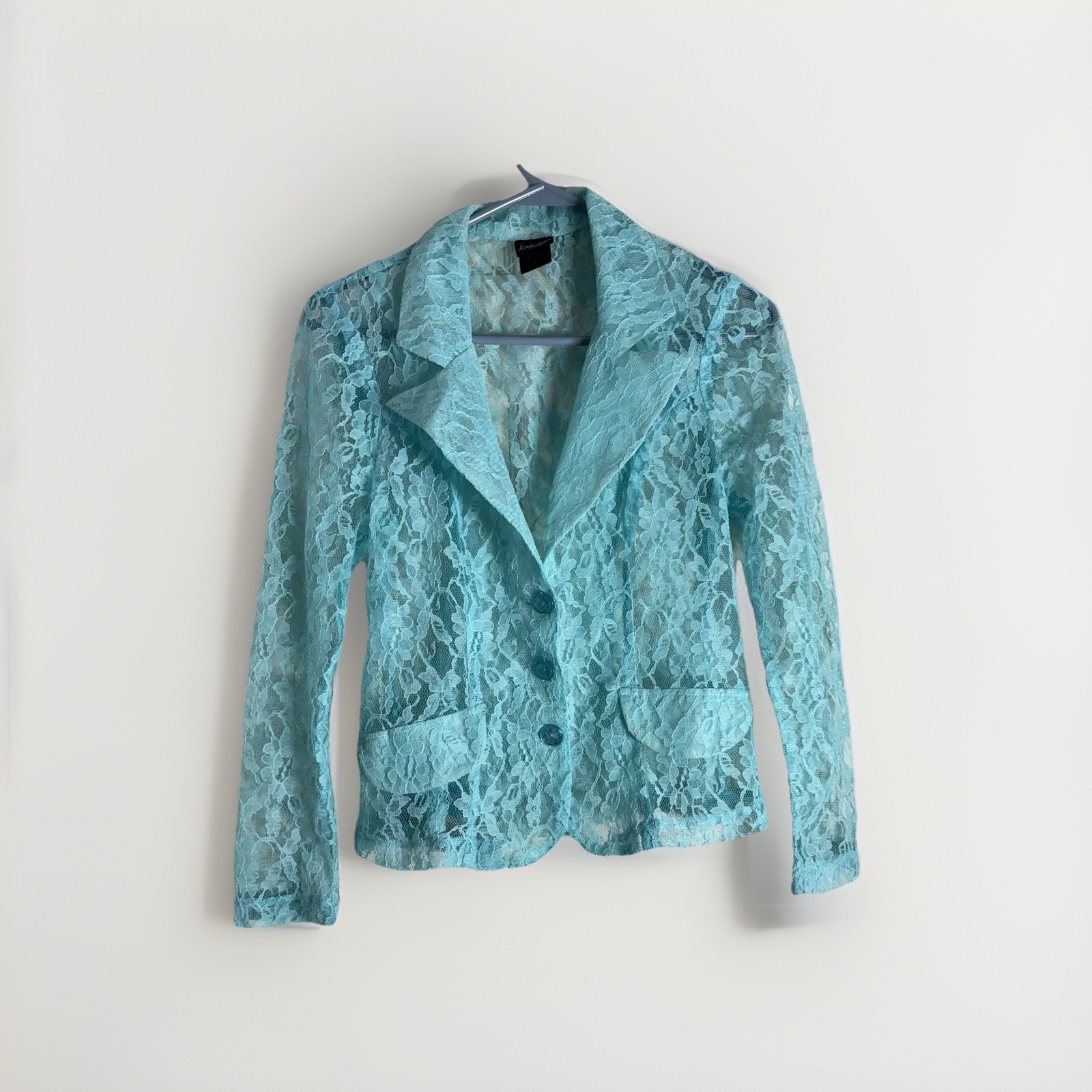 1990s Lace Frederick’s of Hollywood Sheer Three Button Light Blue Size 4 Blazer