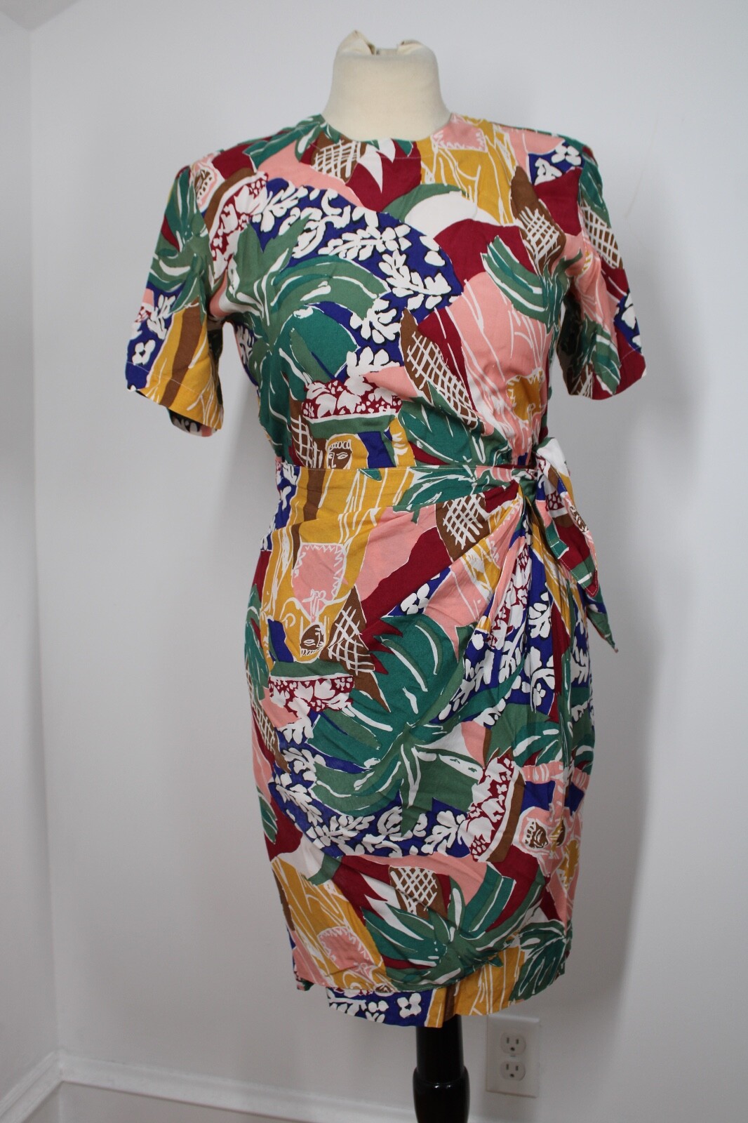 Vtg 80s Carol Anderson 4P Multicolor Floral Rayon Short Sleeve Wrap Skirt Dress