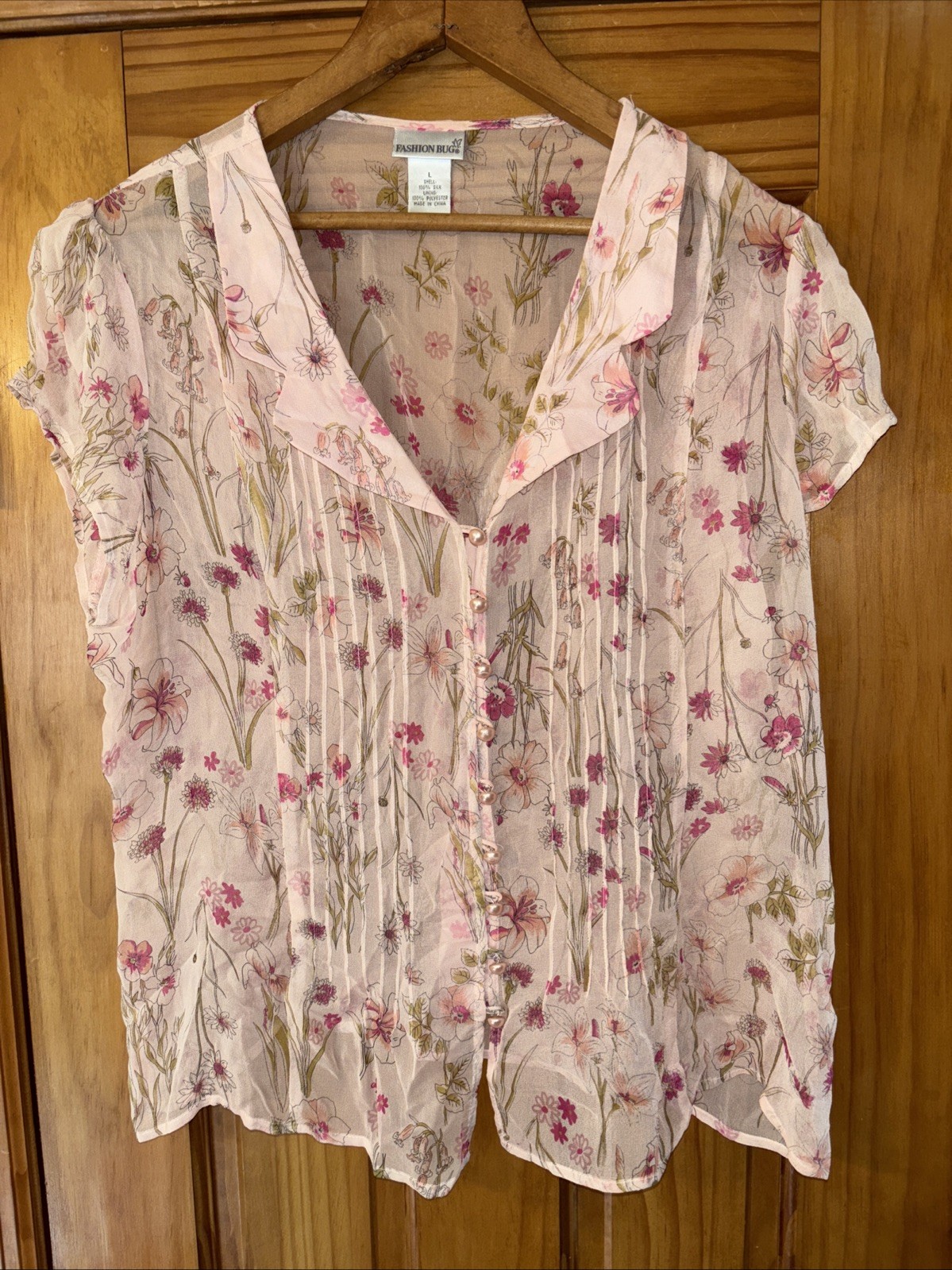 Vintage Silk Sheer Pink & Floral top Sz L Faux Pink Pearl Buttons Cap Sleeve
