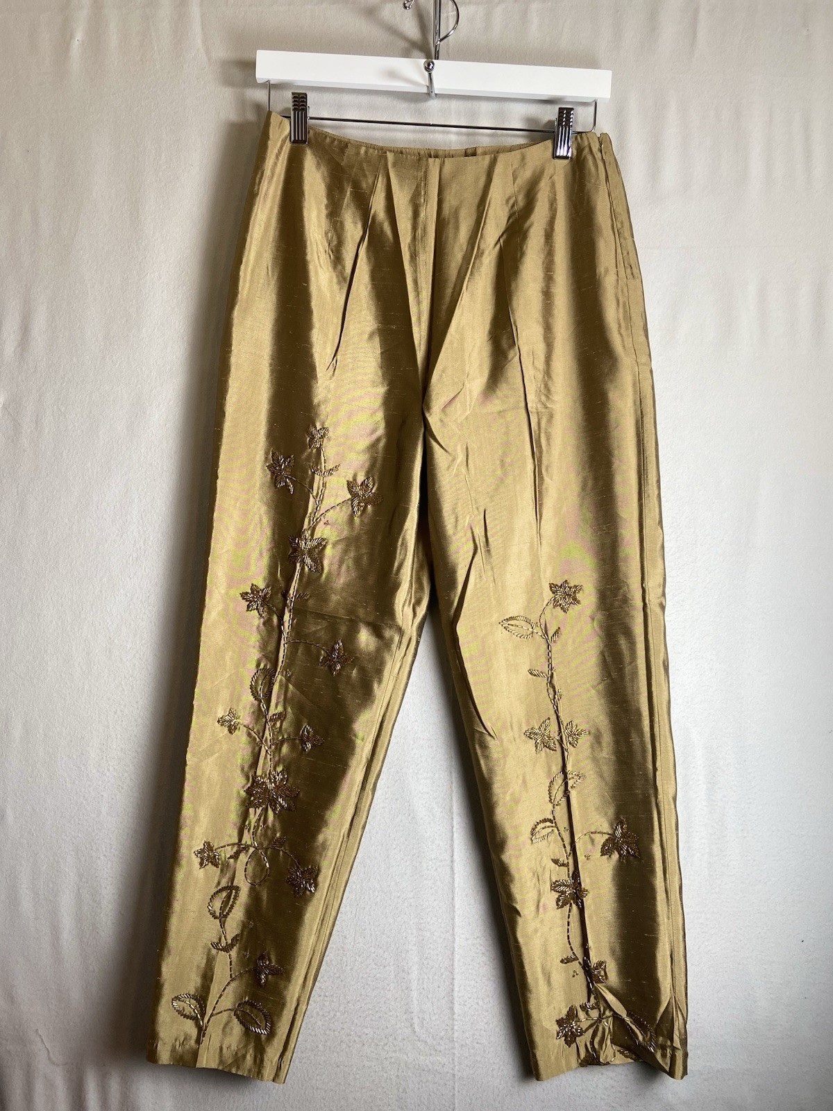 Silkland Womens Pants 6 100% Silk Beaded Floral Cropped Gold Event Occasion