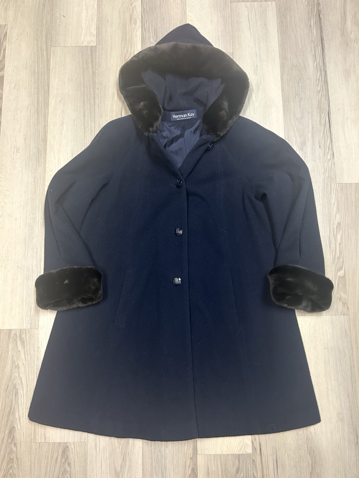 Vintage Coat Women 100% Wool Fur Trim Navy Blue Penny Lane Hood Sz 10 Herman Kay