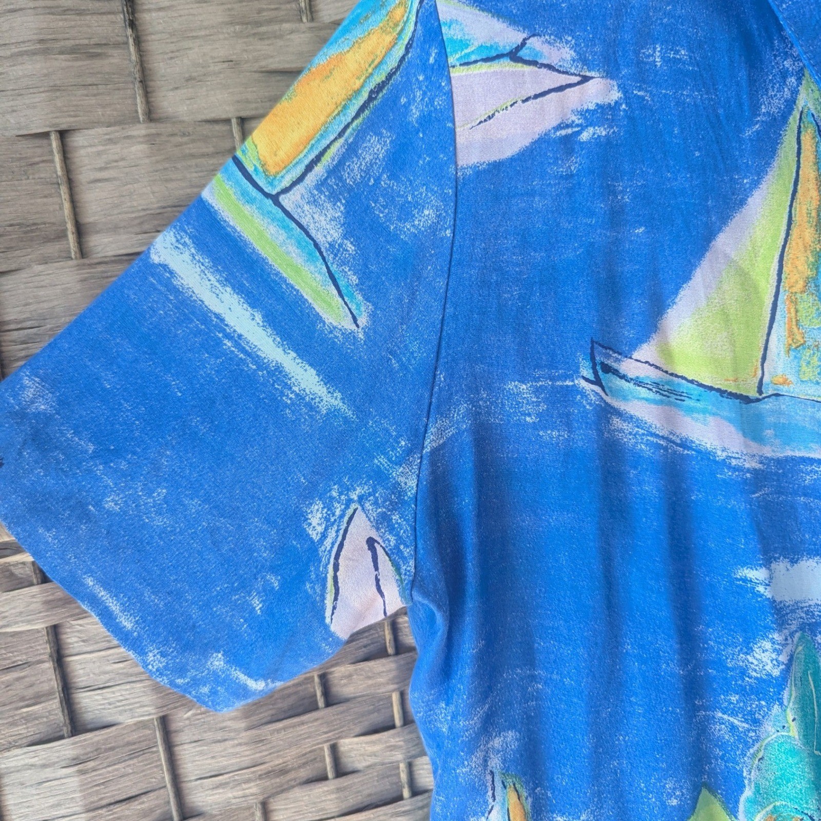 Vtg 90s Sailboat Print Rayon Short Sleeve Button Up Shirt Blue Sz L Made in USA